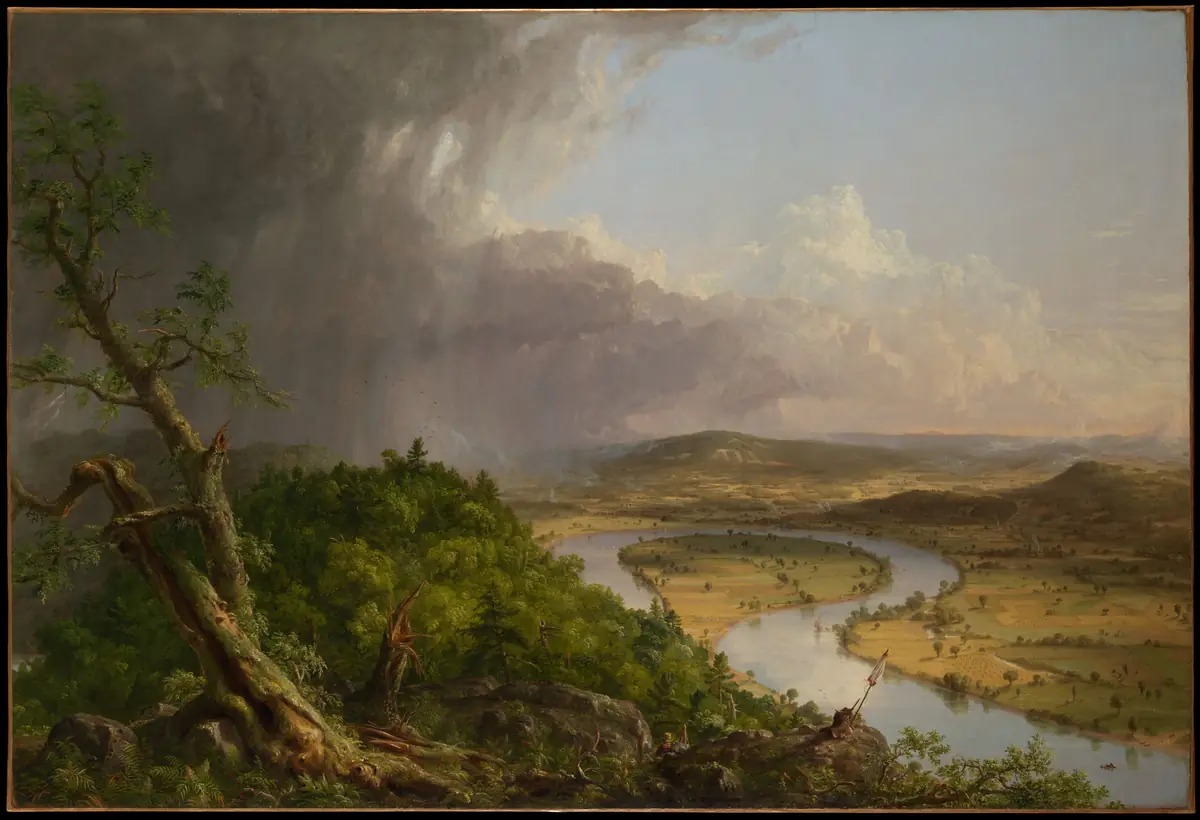 Painting by Thomas Cole: dark storm clouds over a wooded hill with broken trees on the left; on the right, a clearing sky over a green valley crossed by a winding river