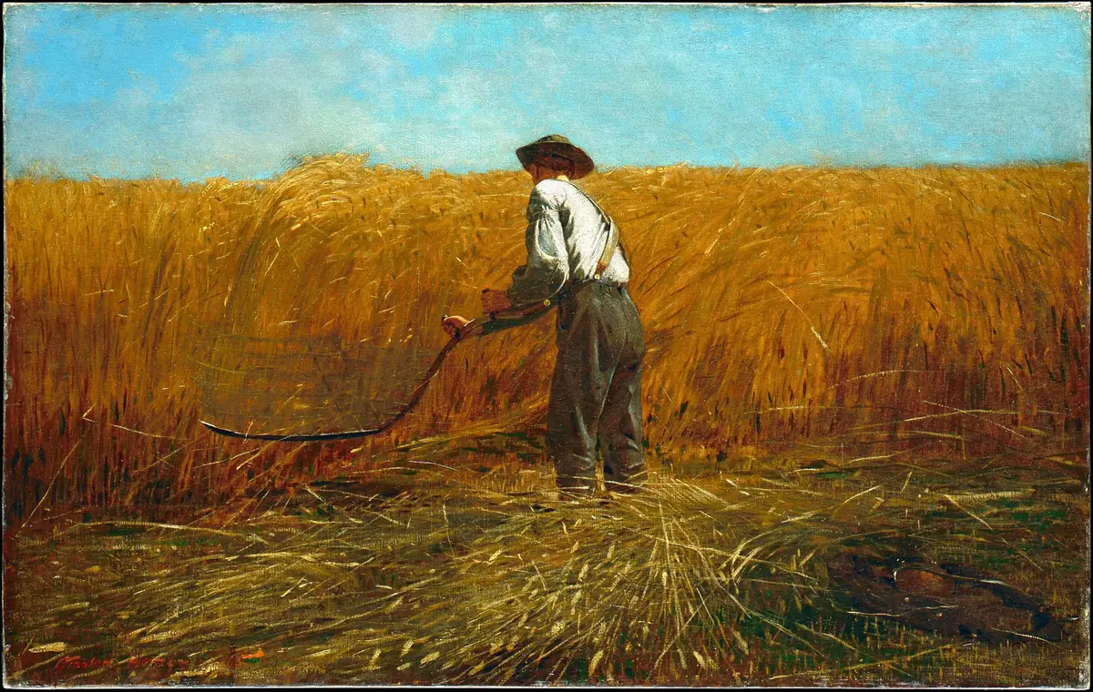 Painting by Winslow Homer: a man in a white shirt, seen from behind, mows a golden wheat field with a scythe under a blue sky; a military jacket lies on the ground to the right