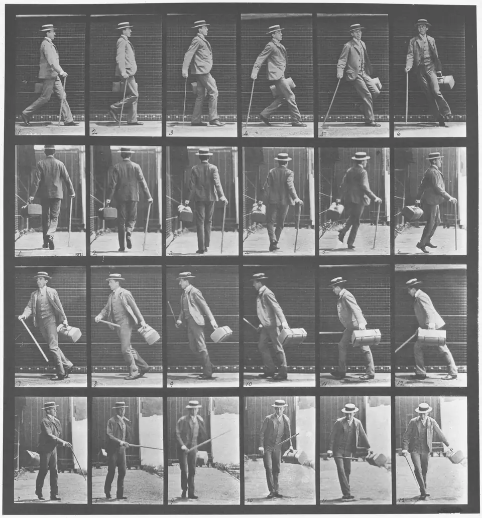 Nineteenth-century sequence of photographs, in four rows, of a man in a suit and hat walking, carrying an object and leaning on a cane, photographed in successive phases of movement