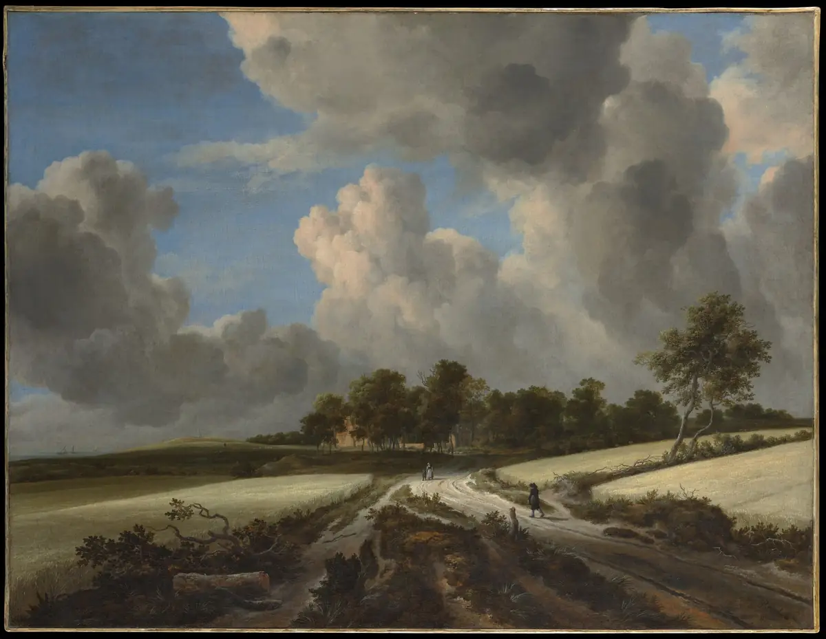Painting by Jacob van Ruisdael: large light and dark clouds fill most of the sky above fields of ripe wheat, crossed by a dirt road where a few people are walking, with a stand of trees in the distance