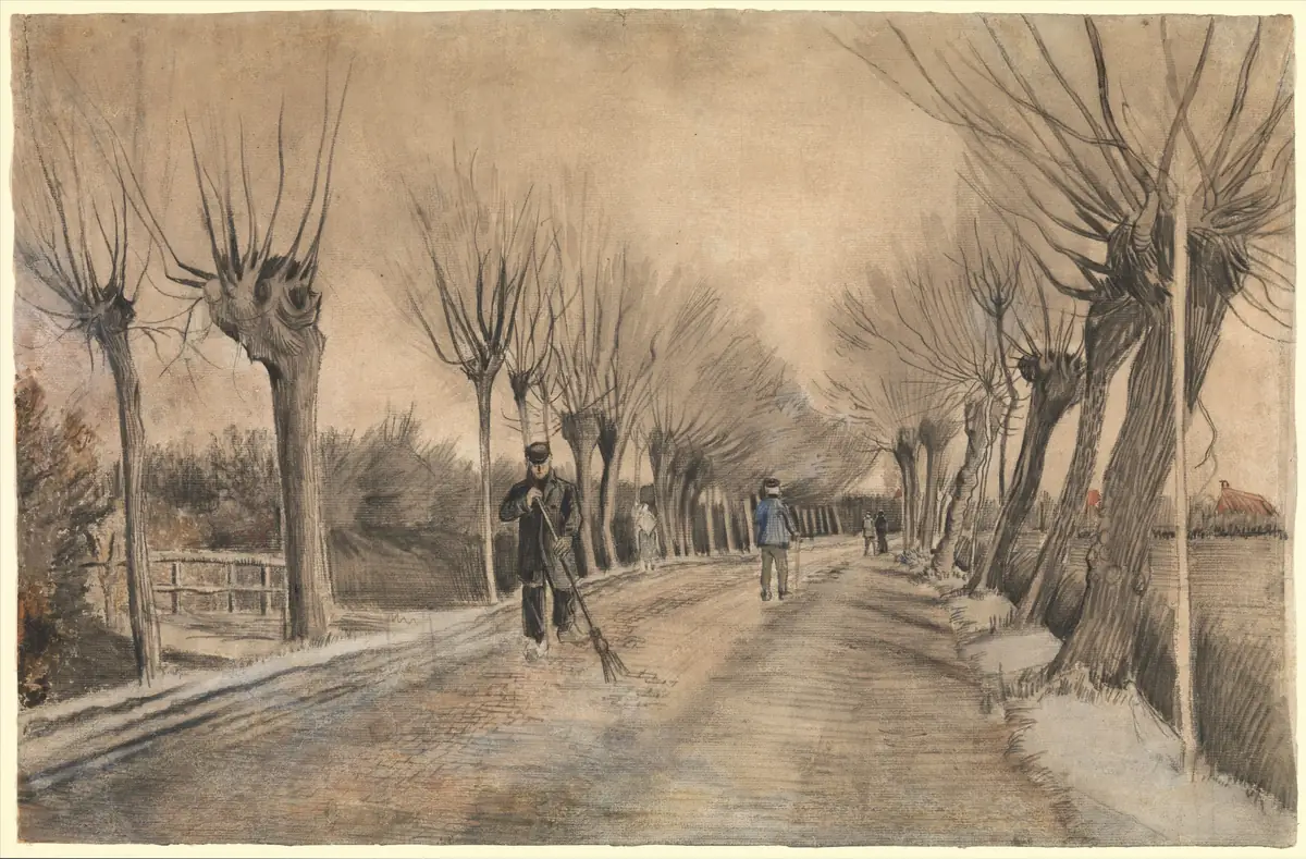 Desenho de Vincent van Gogh: uma estrada longa e direita, ladeada de salgueiros podados sem folhas, por onde caminham um homem com uma vassoura e outras pessoas ao longe