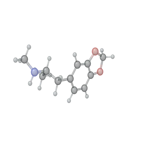Three-dimensional model of the MDMA molecule, with atoms shown as linked spheres