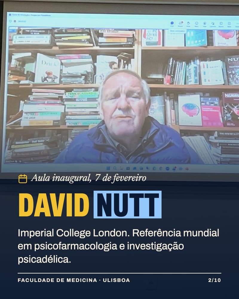 David Nutt on a video call, in front of a bookcase, at the course's opening class.