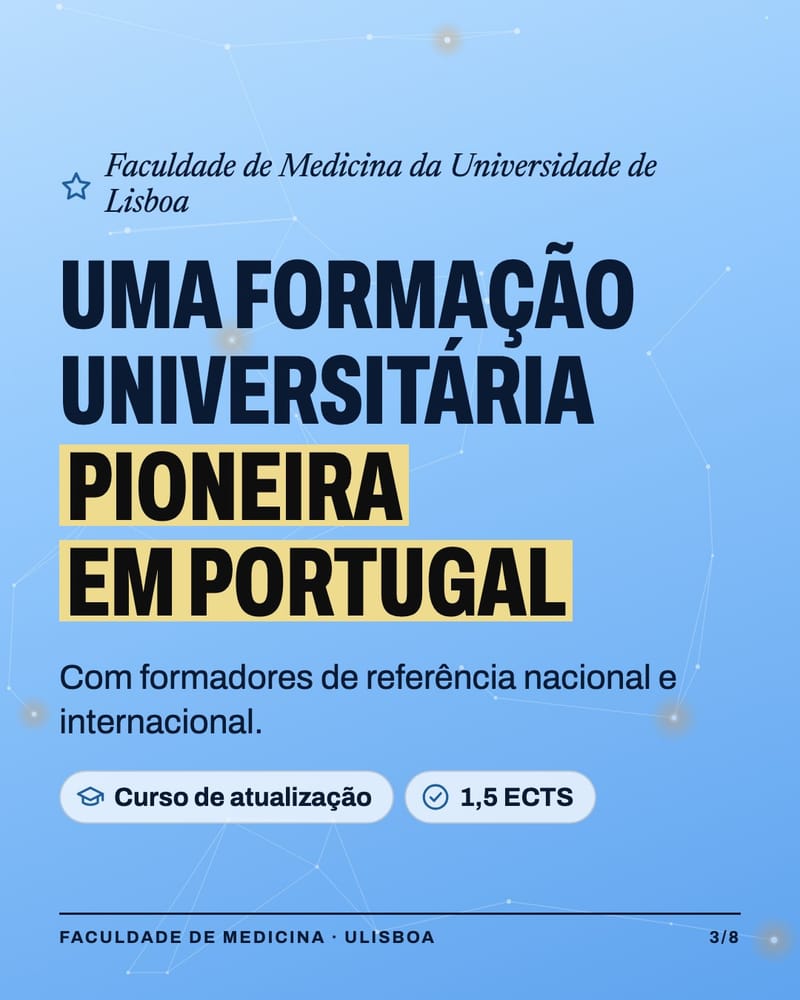 Blue poster with the text “A pioneering university course in Portugal”, update course, 1.5 ECTS.
