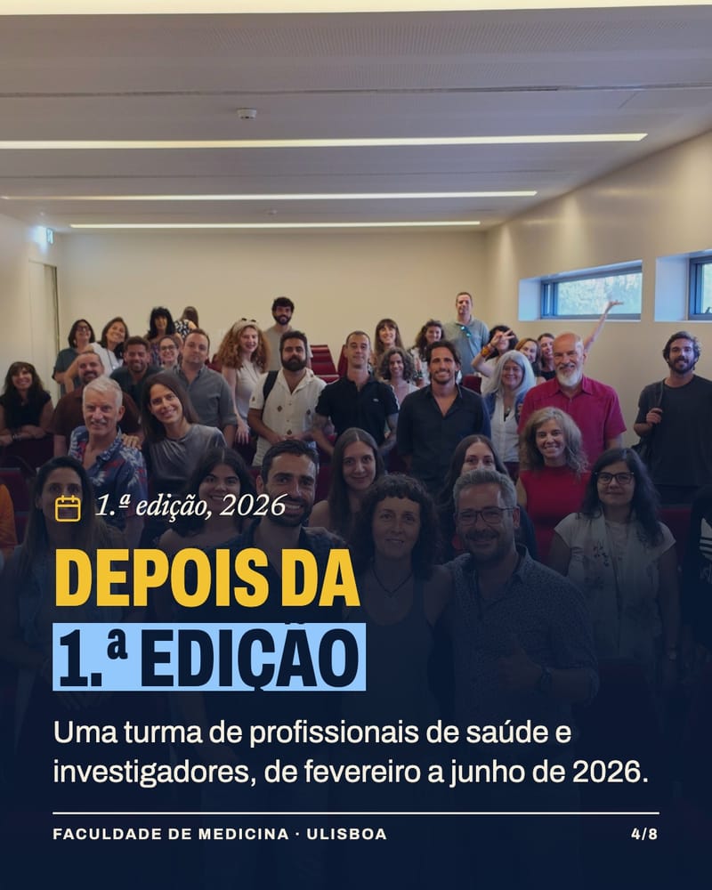 Group photo of the 1st edition class in a room at the Faculty of Medicine, with the text “After the 1st edition”.